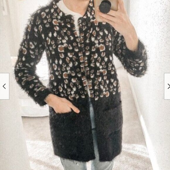 LA FEE VERTE Anthropologie Black Brown Leopard Mohair Long Cardigan Sweater M - Picture 4 of 8